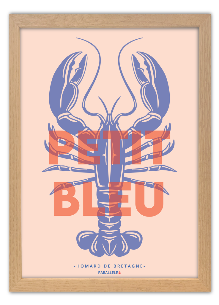 Affiche du Petit Bleu, le homard de Bretagne avec un cadre en chêne