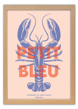 Affiche du Petit Bleu, le homard de Bretagne avec un cadre en chêne