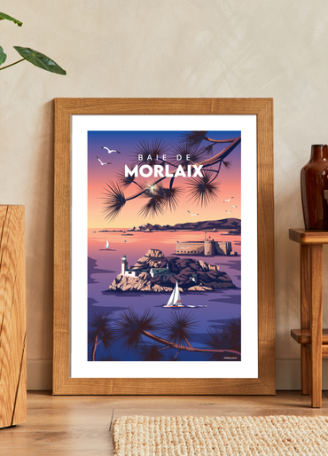 Affiche  de l'île Louët et du château du Taureau en baie de Morlaix avec un cadre en bois