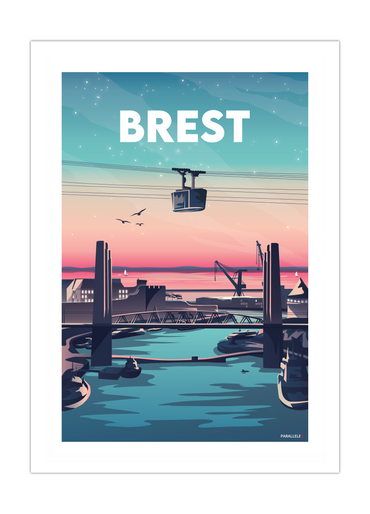 Affiche d'un coucher de soleil sur le Pont de Recouvrance à Brest