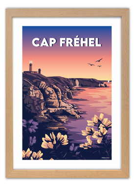Affiche d'un coucher de soleil au Cap Fréhel avec un cadre en chêne