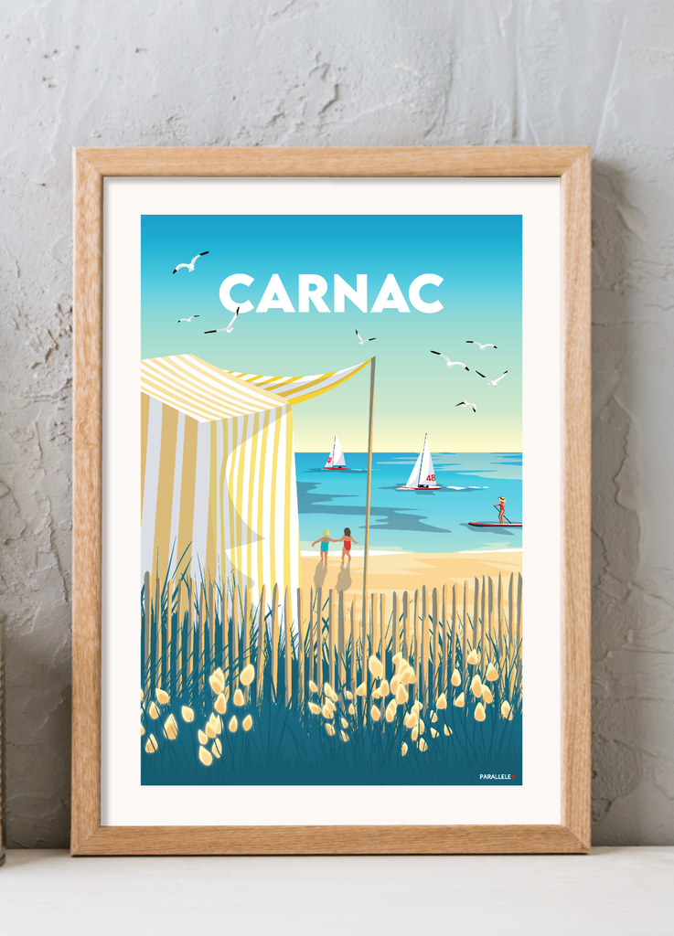 Affiche des tentes de plage de la plage de Carnac avec un cadre en bois