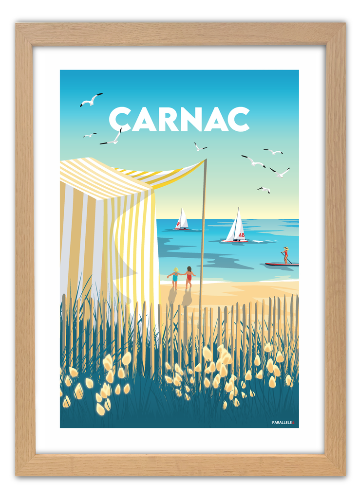 Affiche d'une tente de plage de Carnac dans le Morbihan avec un cadre en chêne