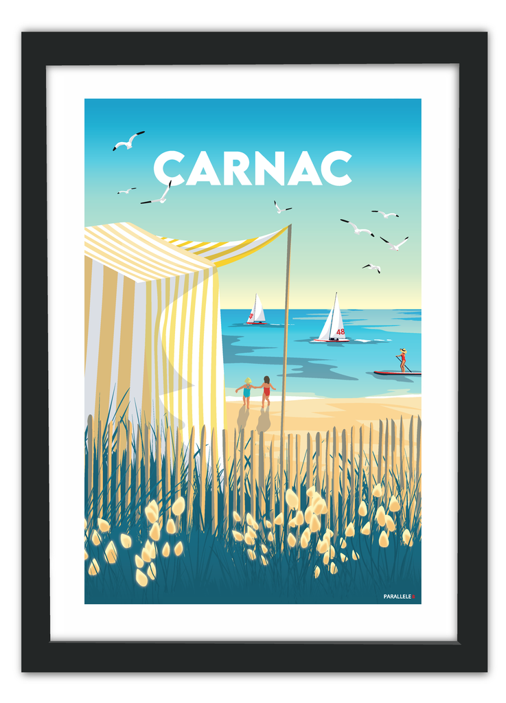 Affiche d'une tente de plage de Carnac dans le Morbihan avec un cadre noir