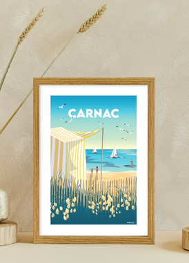 Affiche des tentes de plage de la plage de Carnac avec un cadre en bois