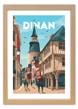 Affiche du centre ville de Dinan en Bretagne avec un cadre en chêne
