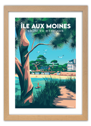 Affiche de l'Île aux Moines dans le Golfe du Morbihan avec un cadre en chêne
