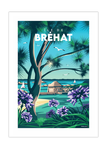 Affiche de l'Île de Bréhat avec des agapanthes au premier plan