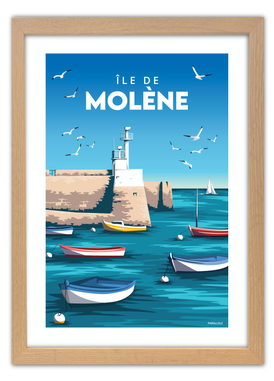 Affiche vintage de l'Île de Molène dans le Finistère avec un cadre en bois
