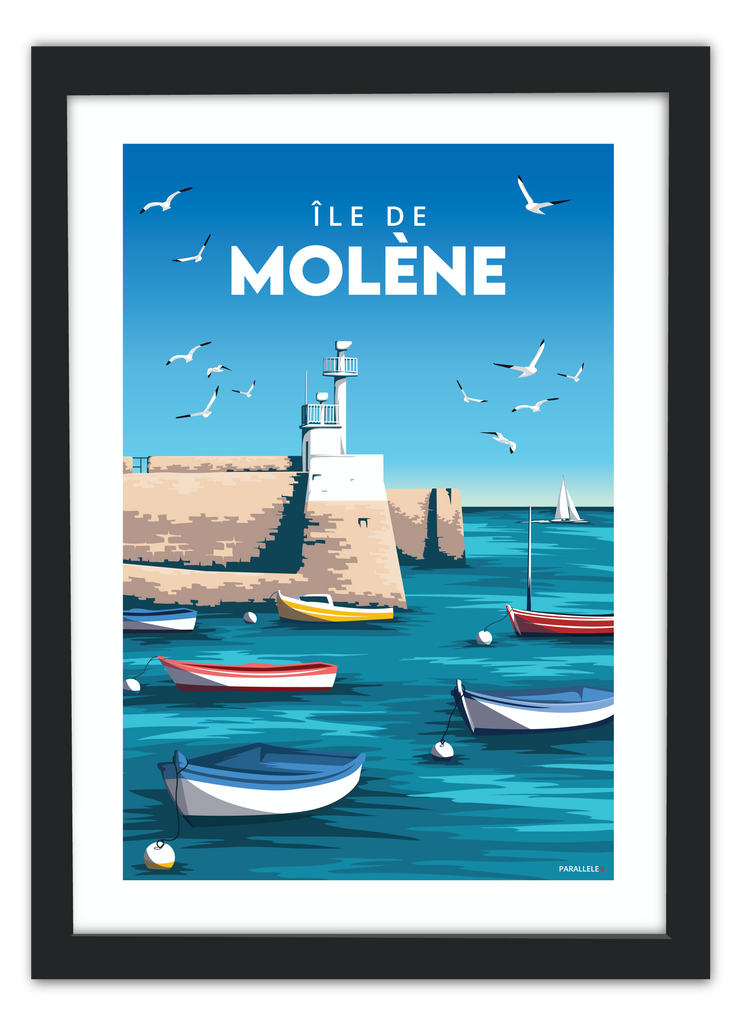 Affiche vintage de l'Île de Molène dans le Finistère avec un cadre noir