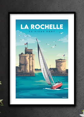 Affiche du vieux port de la Rochelle avec un encadrement noir