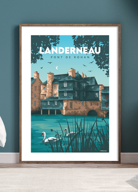 Affiche vintage du Pont Habité de Landerneau avec un cadre en bois