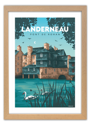 Affiche vintage du Pont Habité de Landerneau avec un cadre en chêne