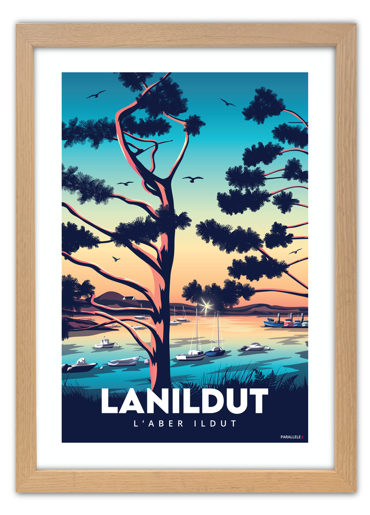 Affiche du port de Lanildut en Bretagne dans le Finistère nord avec un cadre en chêne