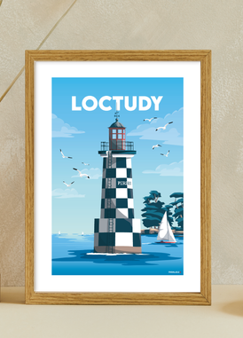 Affiche du Phare de la Perdrix à Loctudy avec un cadre en bois