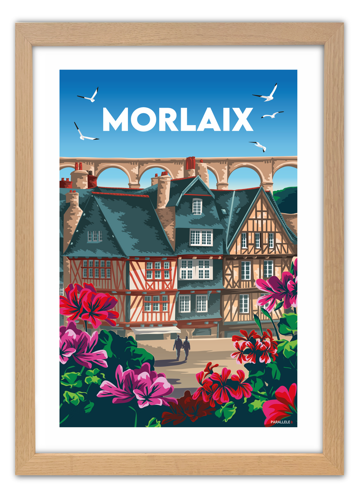 Affiche de la ville historique bretonne de Morlaix avec un cadre en chêne