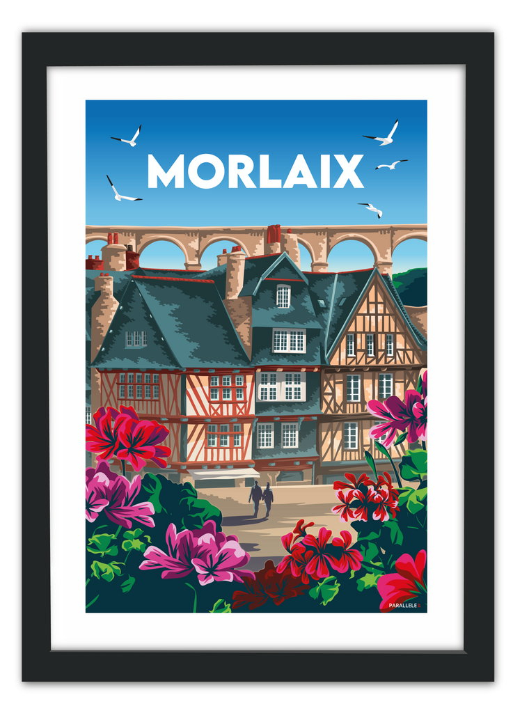 Affiche de la ville historique bretonne de Morlaix avec un cadre noir
