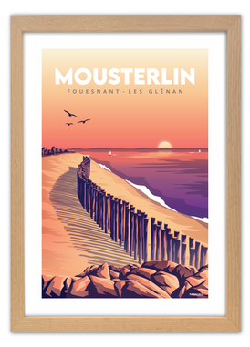 Affiche d'un lever de soleil sur la plage de Mousterlin avec un cadre en chêne