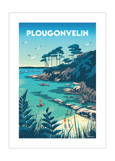 Affiche vintage de la plage des trois curés à Plougonvelin