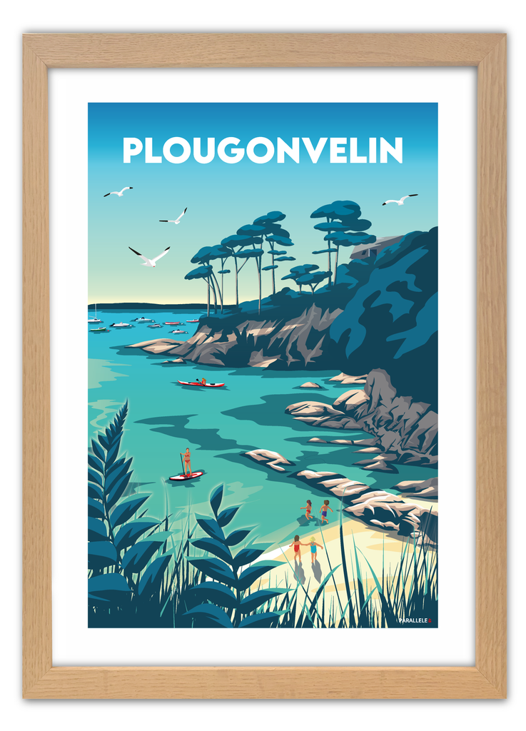 Affiche vintage de la plage des trois curés à Plougonvelin avec un encadrement en chêne