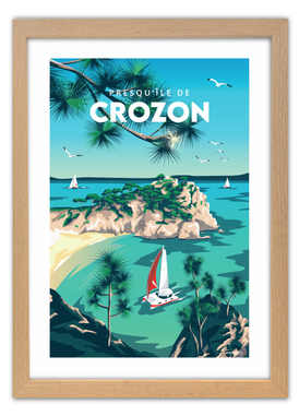 Affiche de la plage de l'île vierge en Presqu'île de Crozon avec un cadre en chêne