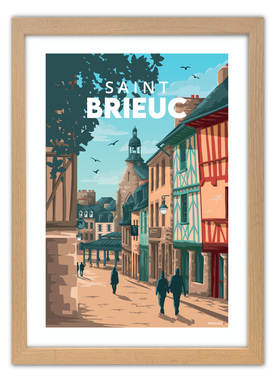 Affiche vintage du centre ville de Saint-Brieuc avec un cadre en chêne