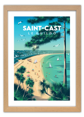 Affiche de la grande plage de Saint-Cast-le-Guildo dans les Côtes d'Armor avec un cadre en chêne