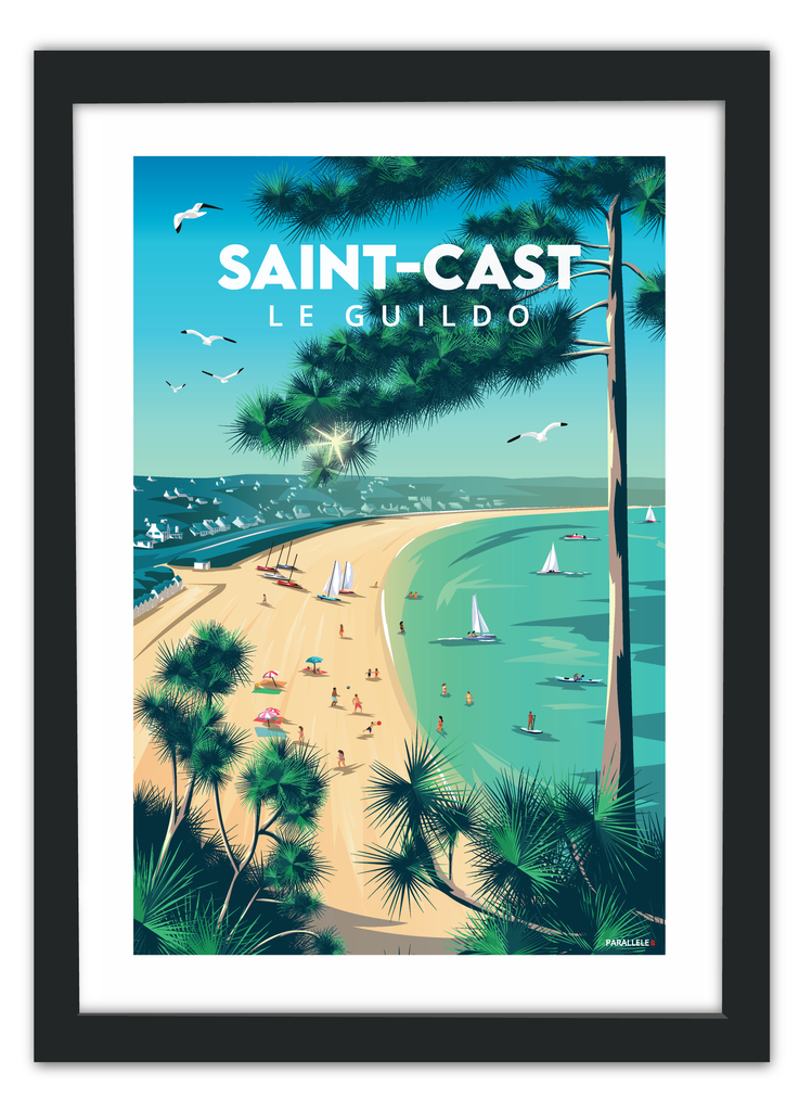 Affiche de la grande plage de Saint-Cast-le-Guildo dans les Côtes d'Armor avec un cadre noir