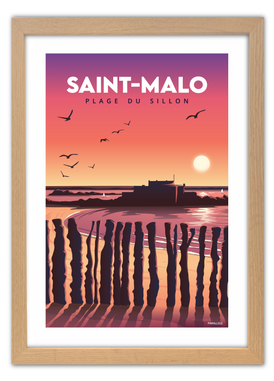 Affiche de la Plage du Sillon de Saint-Malo avec un cadre en chêne