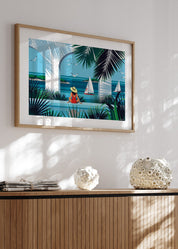 Affiche tropicale d'une femme au bord de la Piscine "Avant la baignade"