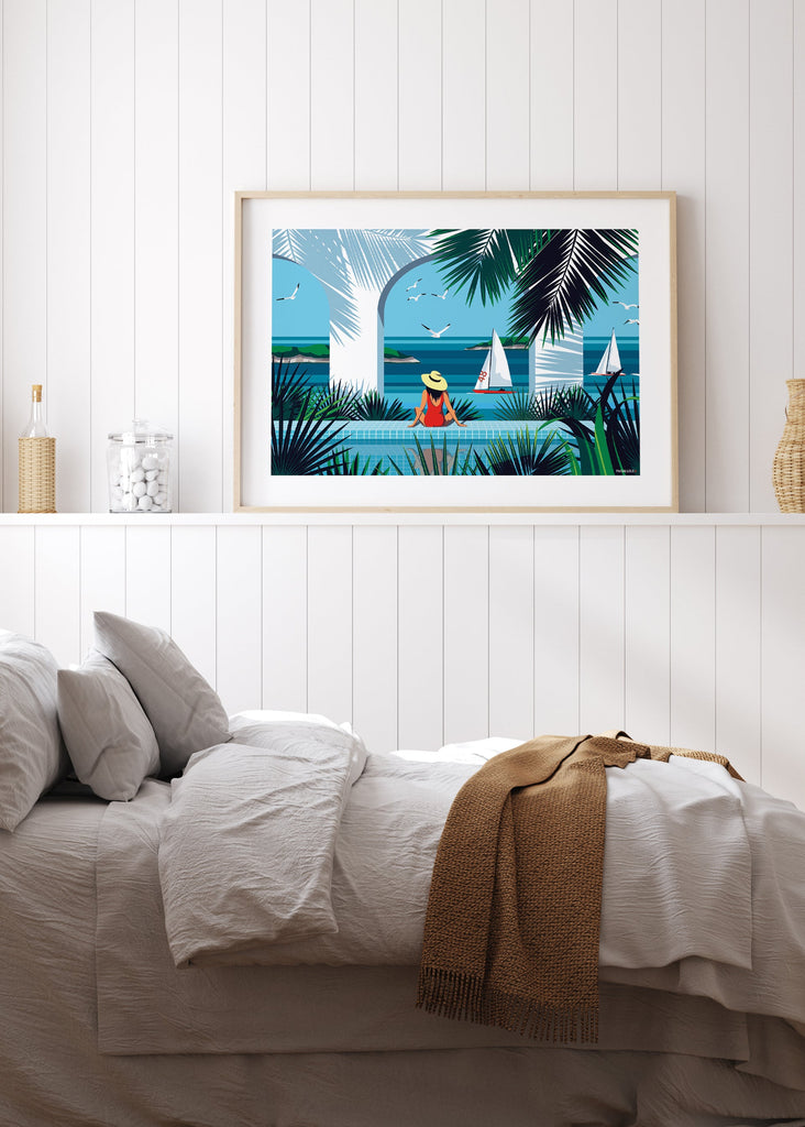 Affiche tropicale d'une femme au bord de la Piscine "Avant la baignade"