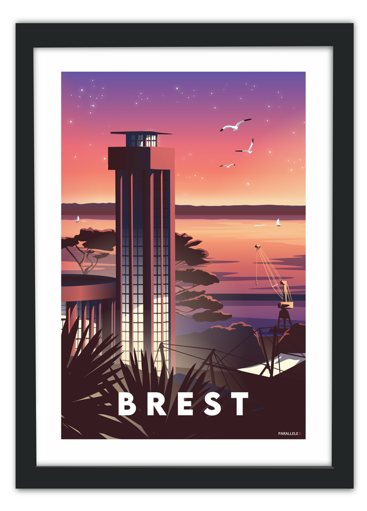 Affiche de la Tour de l'horloge de la Gare de Brest avec un cadre noir