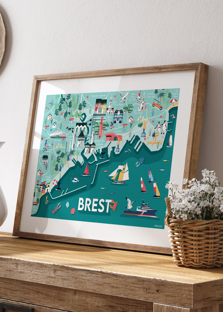 Affiche d'une carte illustrée de Brest