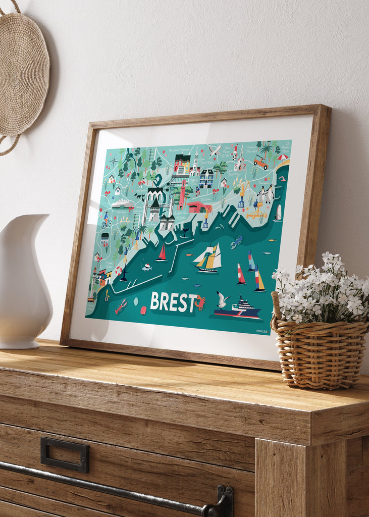 Affiche d'une carte illustrée de Brest