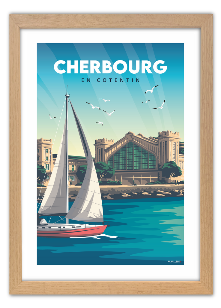 Affiche de la cité de la mer à Cherbourg-en-cotentin en Normandie avec un cadre en chêne