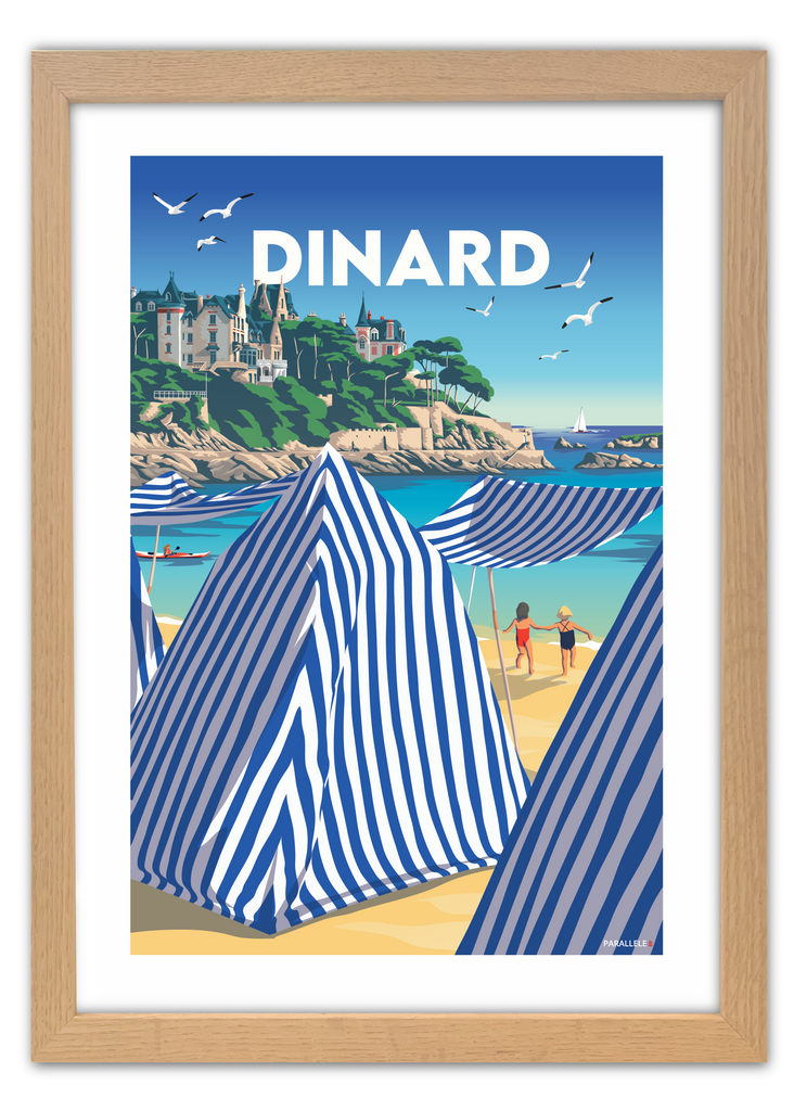 Affiche de Dinard et de ses tentes de plage avec un cadre en chêne