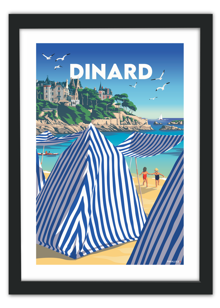 Affiche de Dinard et de ses tentes de plage avec un cadre noir