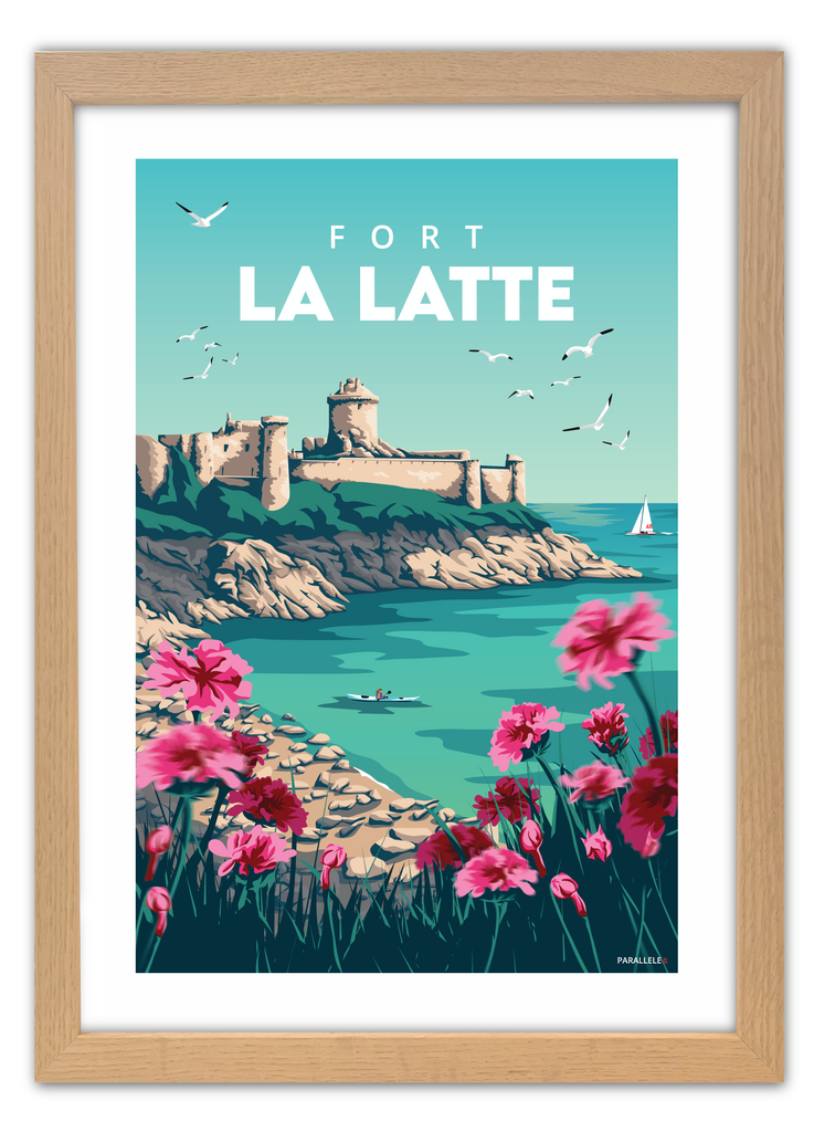 Affiche de Fort la Latte dans les Côtes-d'Armor avec un cadre en chêne