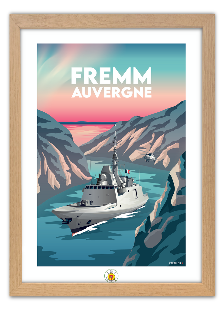 Affiche de la frégate Fremm Auvergne avec un cadre en chêne
