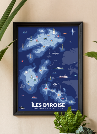 Affiche des trois îles de la mer d'Iroise : Ouessant, Molène et Sein avec un cadre noir