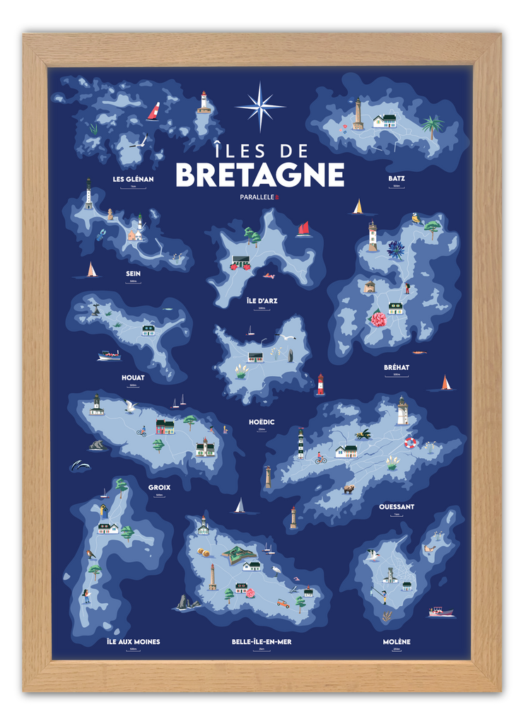 Affiche des îles de Bretagne avec un cadre en chêne

