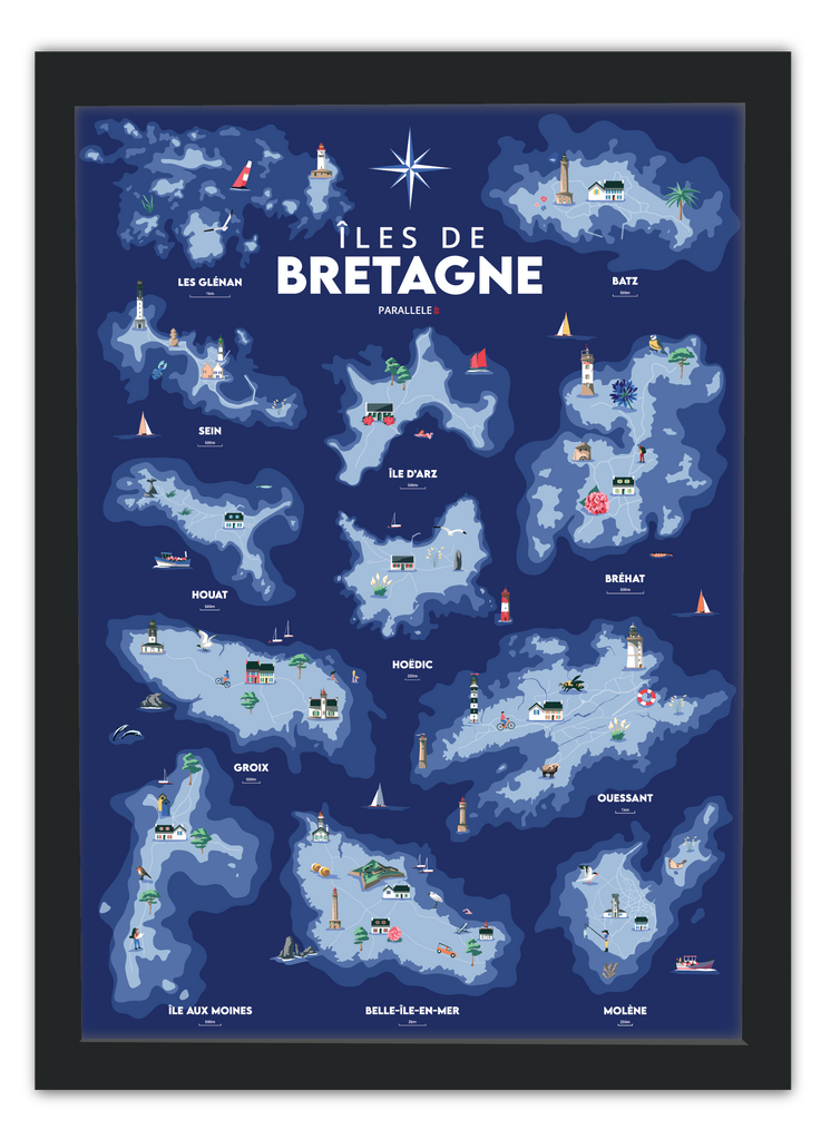 Affiche des îles de Bretagne avec un cadre noir
