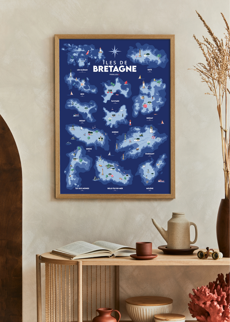 Affiche d'une carte marine des îles de Bretagne llustrées