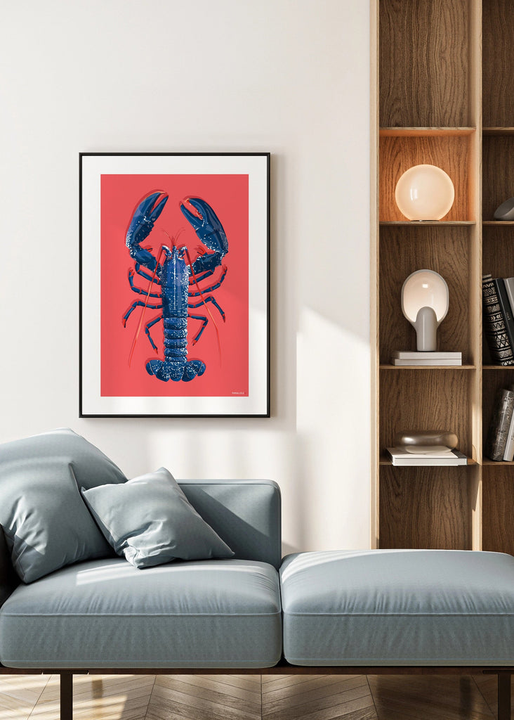 Affiche d'un homard bleu breton sur fond rose