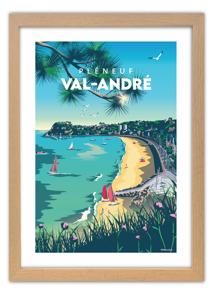Affiche de la Grande plage de Pléneuf-Val-André avec un cadre en chêne
