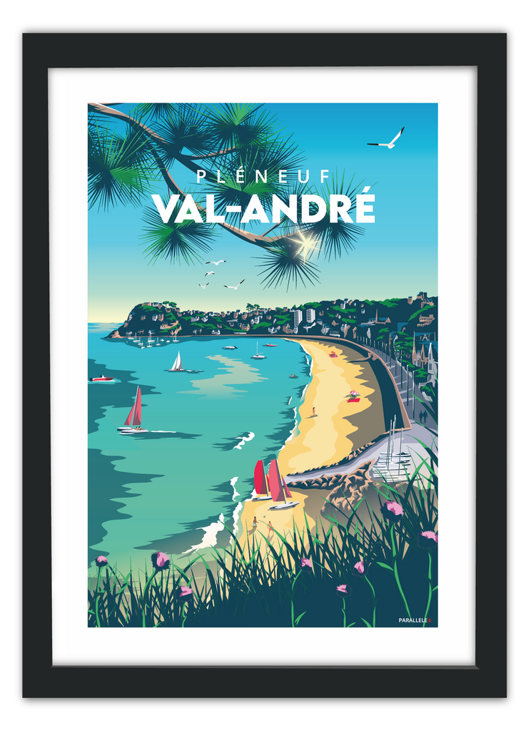 Affiche de la Grande plage de Pléneuf-Val-André avec un cadre noir