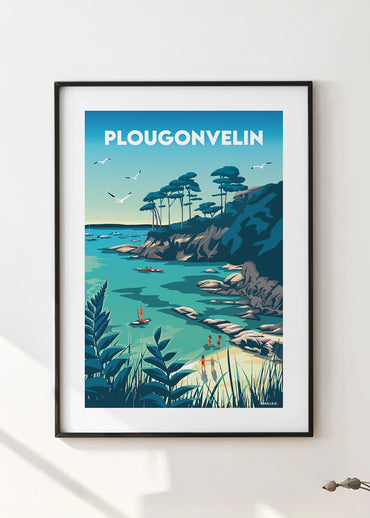 Affiche vintage de la plage des trois curés à Plougonvelin