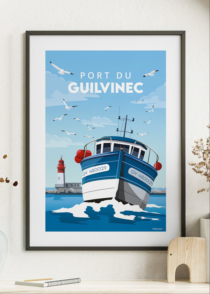 Affiche d'un bateau de pêche rentrant au port du Guilvinec.