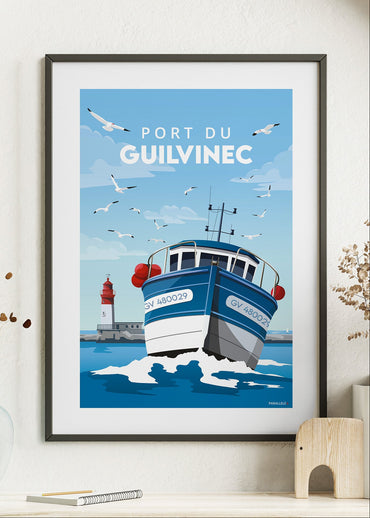 Affiche d'un bateau de pêche rentrant au port du Guilvinec.