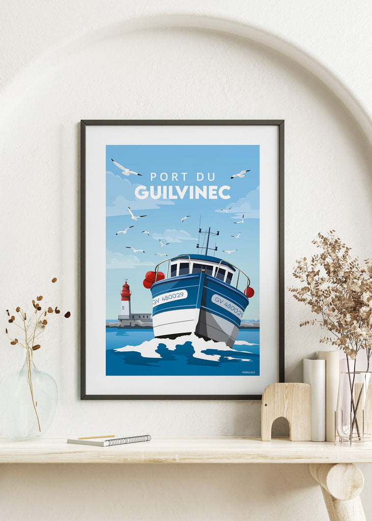 Affiche d'un bateau de pêche rentrant au port du Guilvinec.